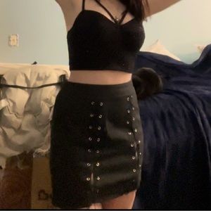 Black sparkly crop top with black skirt
